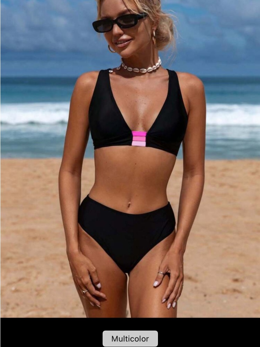 SHEIN Black Bikini Set with Pink Center Accent